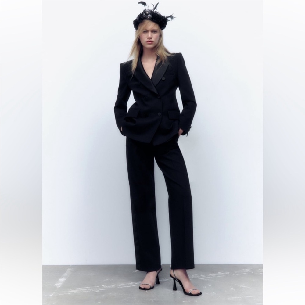 ZARA SET DOUBLE BREASTED SATIN EFFECT LAPEL BLAZER & SIDE STRIPE WIDE LEG PANTS
